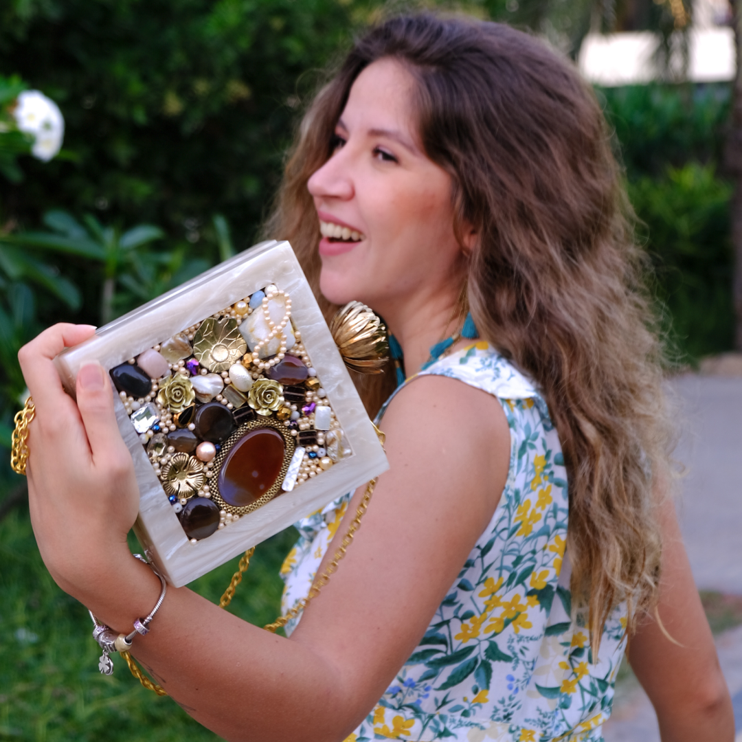 Woman Clutching Purse, Resin Clutch with Quartz Stones, Selomenika